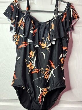 Floral Ruffle Off-Shoulder One-Piece Swimsuit - Black with Orange & Cream Print